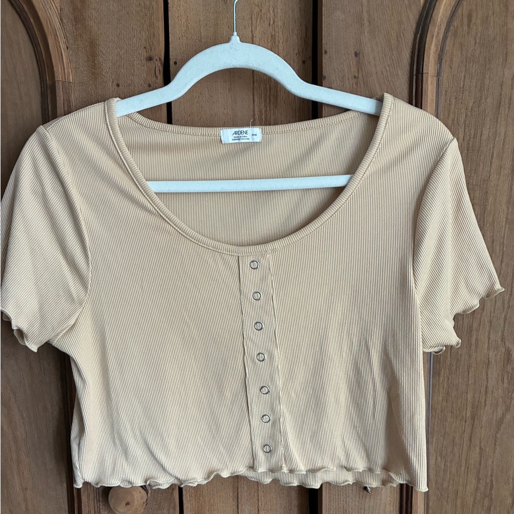 ARDENE Ribbed Short Sleeve Button Crop Top - Picture 2 of 3
